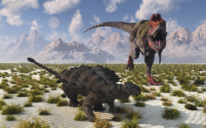 A Tarbosaurus dinosaur approaching a Pinacosaurus. A Tarbosaurus dinosaur approaching a Pinacosaurus.