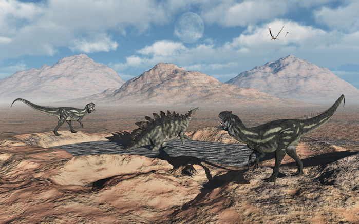 Allosaurus dinosaurs stalk a Stegosaurus trapped in a mud pit. Allosaurus dinosaurs stalk a Stegosaurus trapped in a mud pit.
