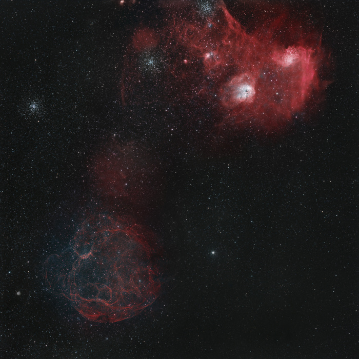 Widefield view of of Simeis 147, the Flaming Star Nebula, and the Tadpole Nebula. Widefield view of of Simeis 147, the Flaming Star Nebula, and the Tadpole Nebula.