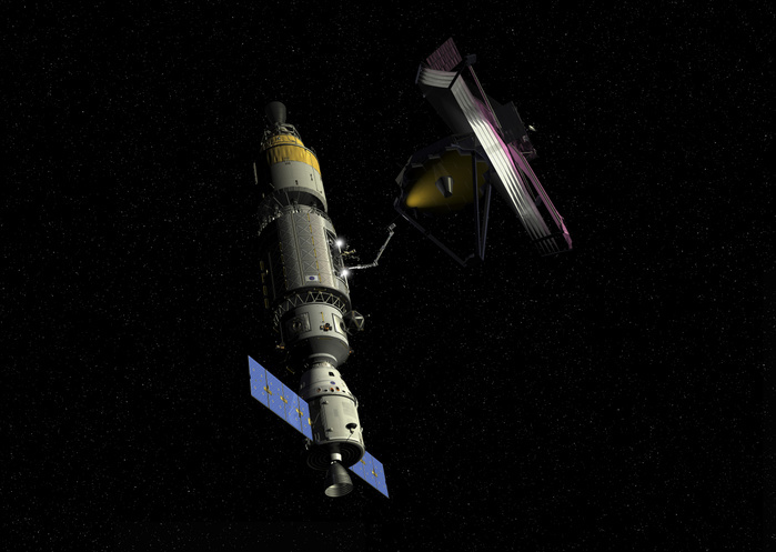 Orbital maintenance platform rendezvous with the James Webb Space Telescope. Orbital maintenance platform rendezvous with the James Webb Space Telescope.