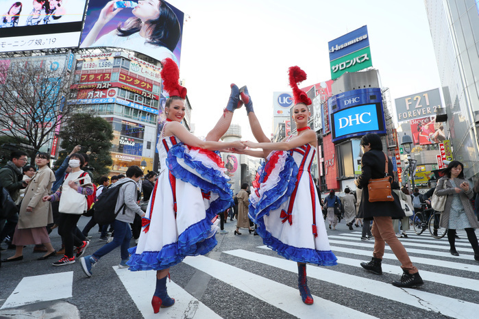 Moulin Rouge dancers celebrate 130th anniversary in Tokyo Dancers from the Moulin Rouge visit Shibuya Crossing on March 20, 2019 in Tokyo, Japan. The two dancers, Mathilde from France and Isabelle from Ireland, caused a stir dressed in full can can costume in one of Tokyo s busiest shopping districts. They are visiting Tokyo as part of the 130th anniversary of the French cabaret.  Photo by Yohei Osada AFLO 