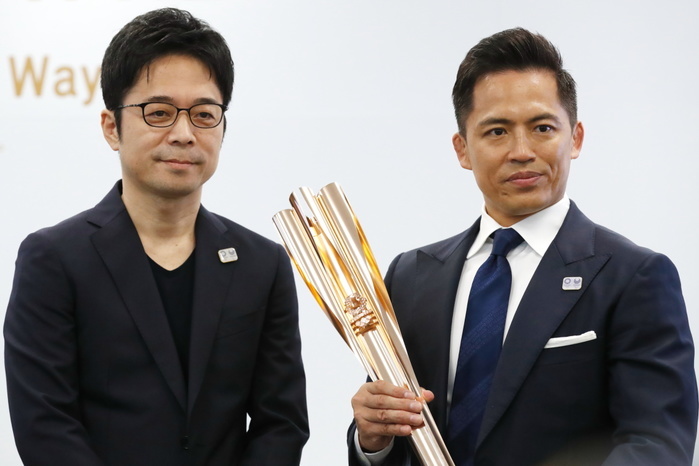 Tokyo 2020 Olympic Torch Relay Torch Announced  L R  Tokujin Yoshioka, Tadahiro Nomura, March 20, 2019 : The Tokyo 2020 Olympic Games Organizing Committee holds a Torch Relay Press The Tokyo 2020 Olympic Games Organizing Committee holds a Torch Relay Press Conference to announce the design and emblem for the Tokyo 2020 Olympic Torch in Tokyo, Japan, on Wednesday, March 20, 2019. The Olympic flame is scheduled to arrive at Japan s Air Self Defense Force Matsushima base in Miyagi prefecture from Athens, Greece, in one year on March 20, 2020.