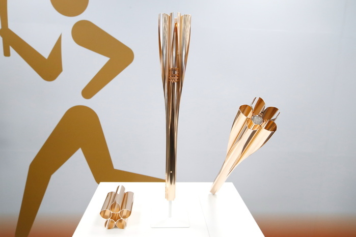 Tokyo 2020 Olympic Torch Relay Torch Announced General view, March 20, 2019 : The Tokyo 2020 Olympic Games Organizing Committee holds a Torch Relay Press Conference to announc the design and emblem for the Tokyo 2020 Olympic Torch in Tokyo, Japan, on Wednesday, March 20, 2019. The Olympic flame is scheduled to arrive at Japan s Air Self Defense Force Matsushima base in Miyagi prefecture from Athens, Greece, in one year on March 20. 2020.  Photo by AFLO SPORT 