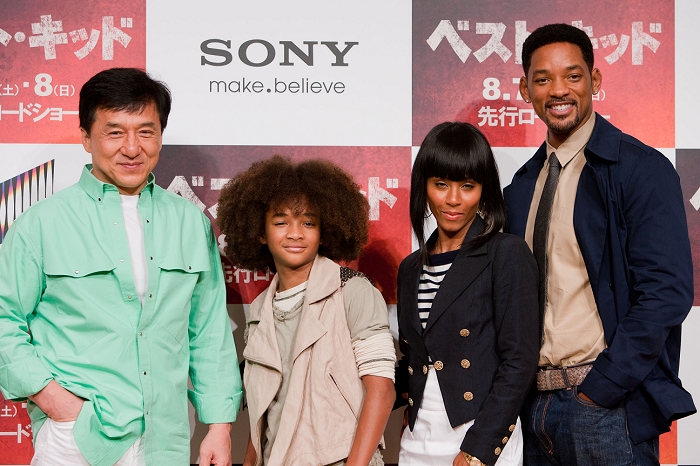 Jackie Chan, Jaden Smith, Jada Pinkett Smith and Will Smith, Aug 05, 2010 : Aug. 5, 2010 - Tokyo, Japan - (L-R) Jackie Chan, Jaden Smith, Jada Pinkett Smith and Will Smith attend the press conference for the movie, 'The Karate Kid.