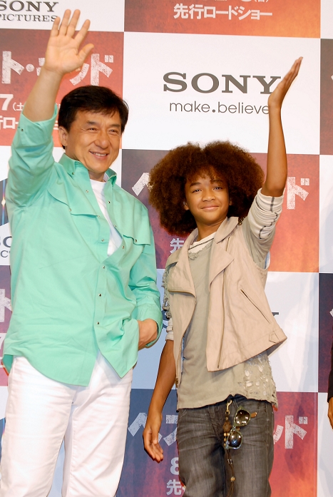 Jackie Chan and Jaden Smith, Aug 05, 2010 : August 5, 2010 : Actor Jackie Chan(L) and actor Jaden Smith attend a press conference for the film 