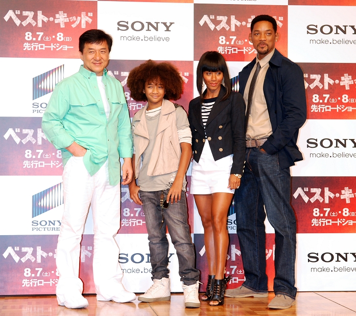 Jackie Chan, Jaden Smith, Jada Pinkett Smith and Will Smith, Aug 05, 2010 : (L-R)Actor Jackie Chan, actor Jaden Smith, producer Jada Pinkett Smith, producer and actor Will Smith, attends a press conference for the film 