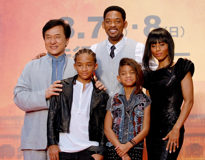 Jackie Chan, Jaden Smith, Will Smith, Willow Smith and Jada Pinkett Smith, Aug 05, 2010 : (rear L-R) Actor Jackie Chan, producer and actor Will Smith, his wife, producer Jada Pinkett Smith, actor Jaden Smith (front L), actress Willow Smith (front R) attend a Japan premiere for the film 